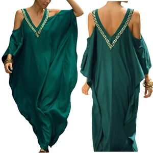 Women's Kaftan One Size Green Cold Shoulder Turkish Oversized Cover Up Maxi